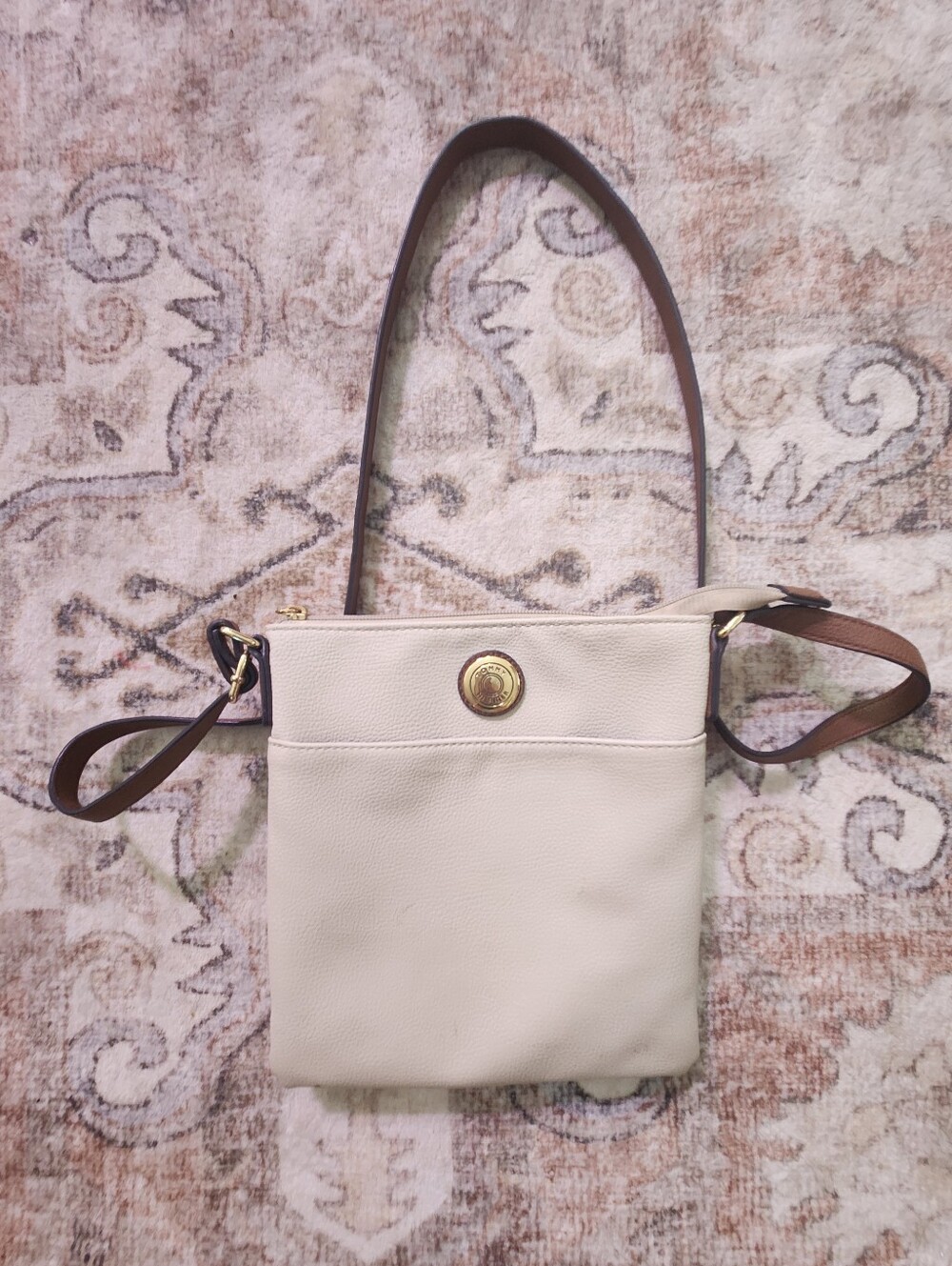 Tommy Hilfiger Cream Crossbody Bag with Brown Strap and Gold Hardware
